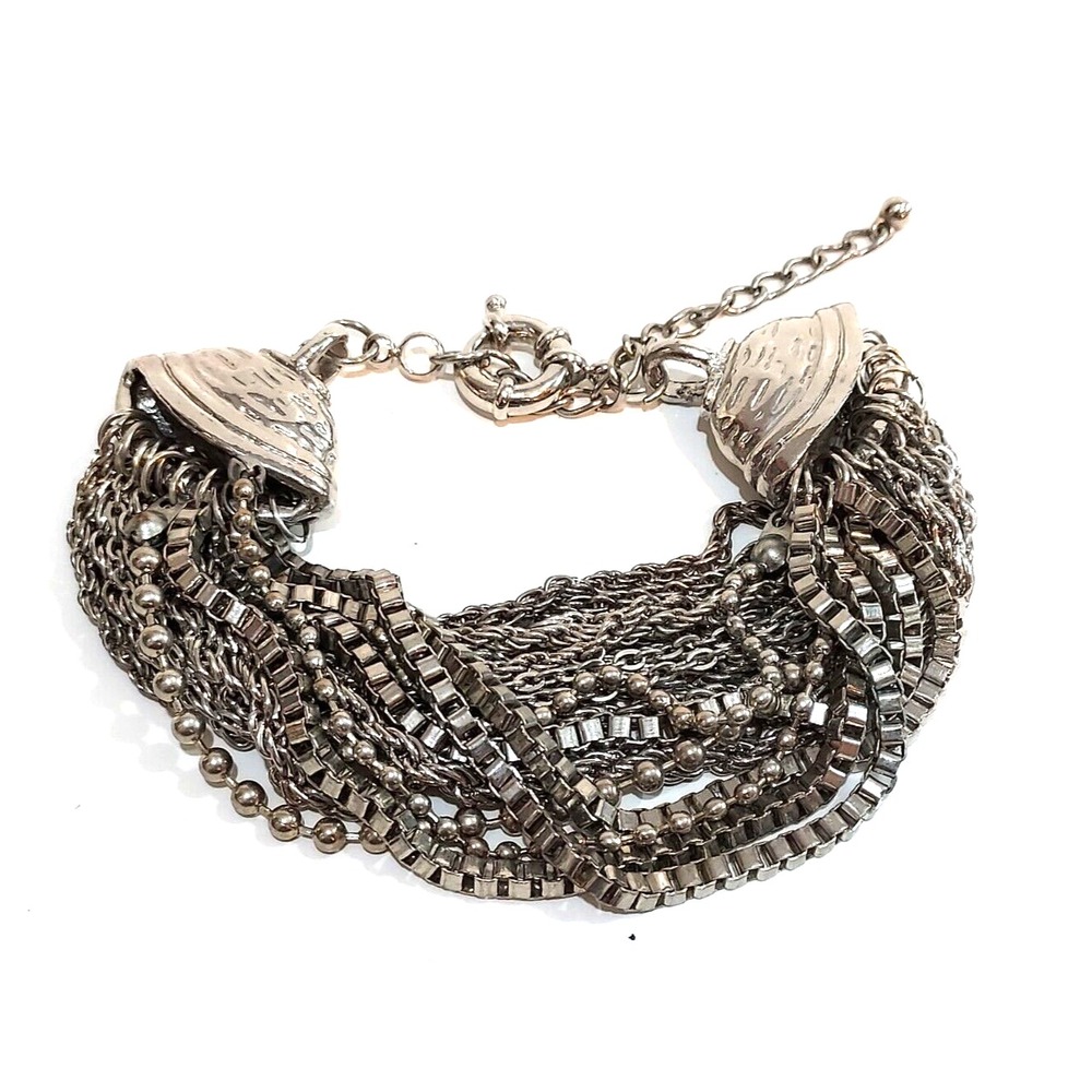Bracelet - Silver Tone Multi Chains Multi Styles of Chain